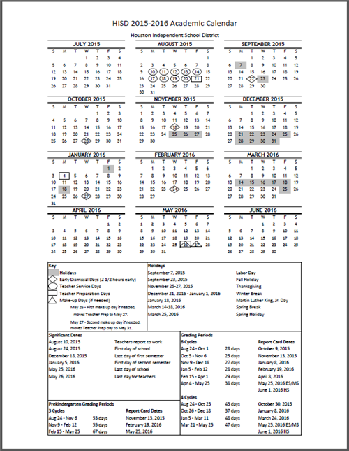 Academics Calendars 2015 2016 Hisd Academic Calendar