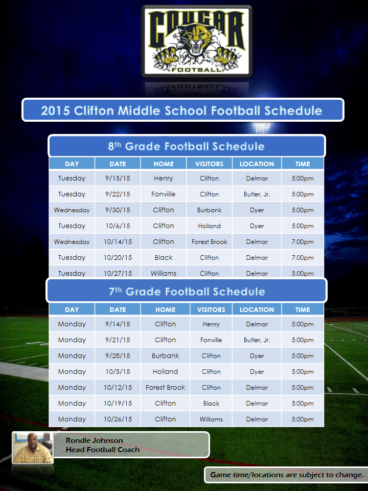 2015 Clifton Middle School Football Schedule 