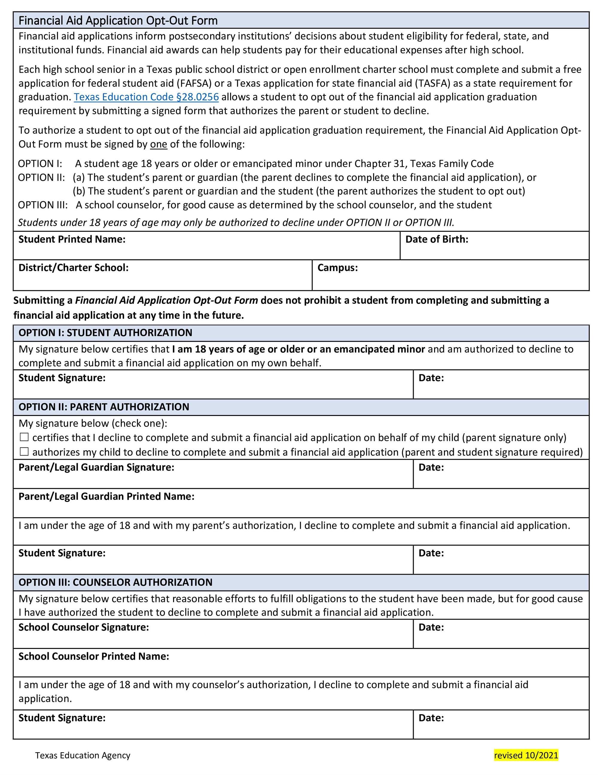 FAFSA OPT OUT FORM