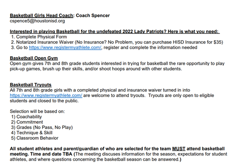 Girls Basketball Information 2023