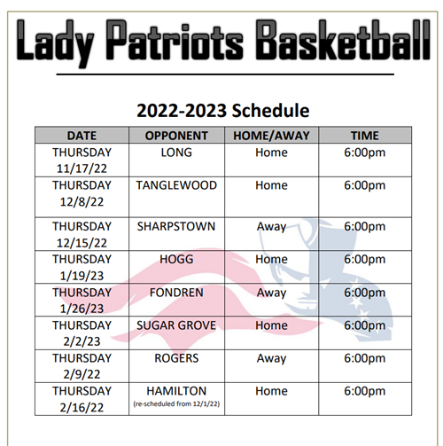 2023 Lady Patriots Basketball Schedule