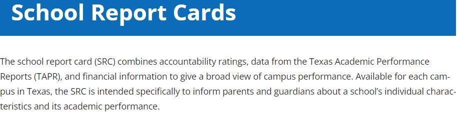 Texas Education Agency School Report Cards 