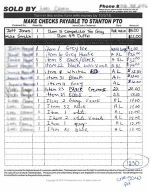 hand-written order form 