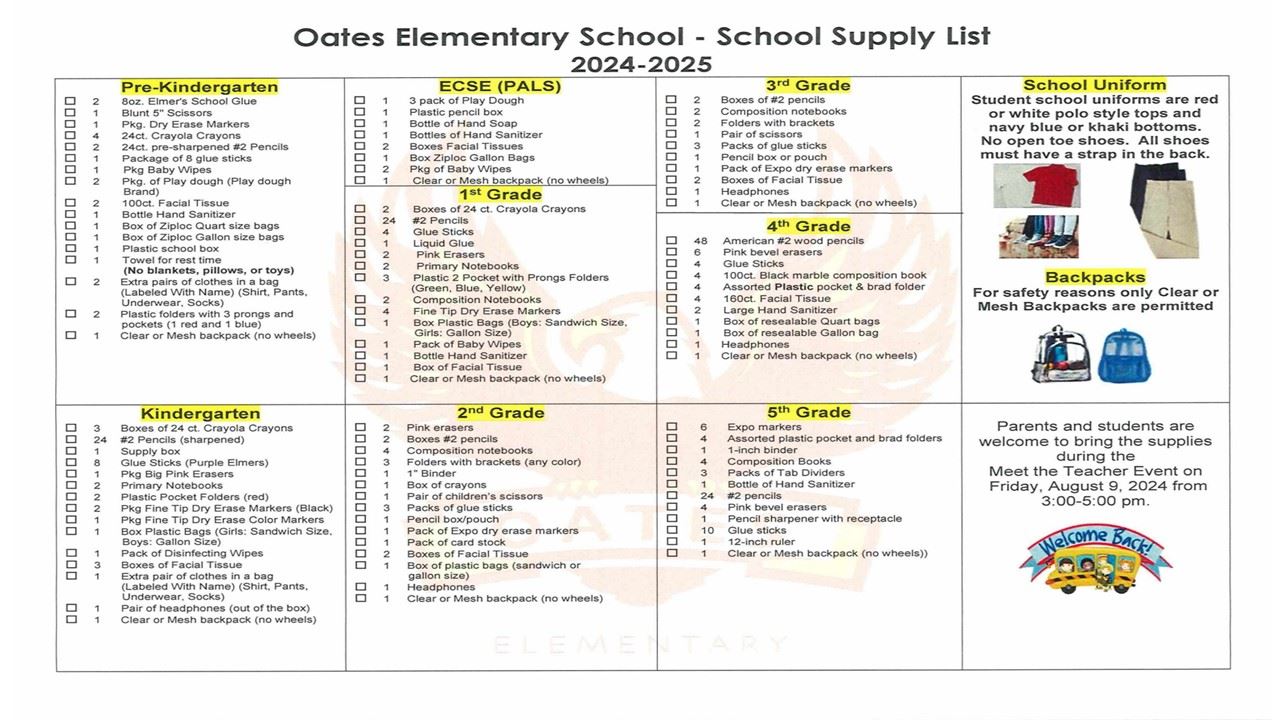  2024-2025 School Supply List