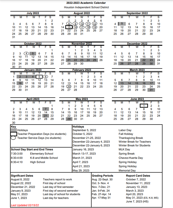 HISD Academic Calendar 2022-2023