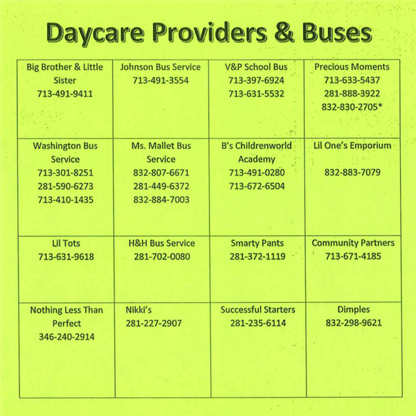 HISD Private Bus & Daycare Information