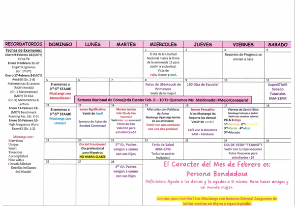 Calendario de Febrero